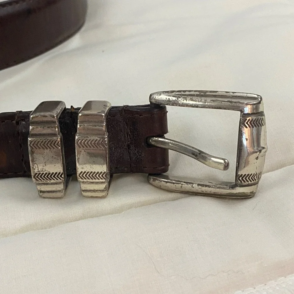 AML 3000 VTG Brown Top Grain Oil Tan Leather Golf Belt Silver Tone Concho Sz 36